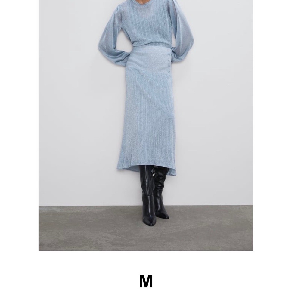 Zara Sparkly Light Blue knit Blouse & Long skirt set. Metallic silver thread